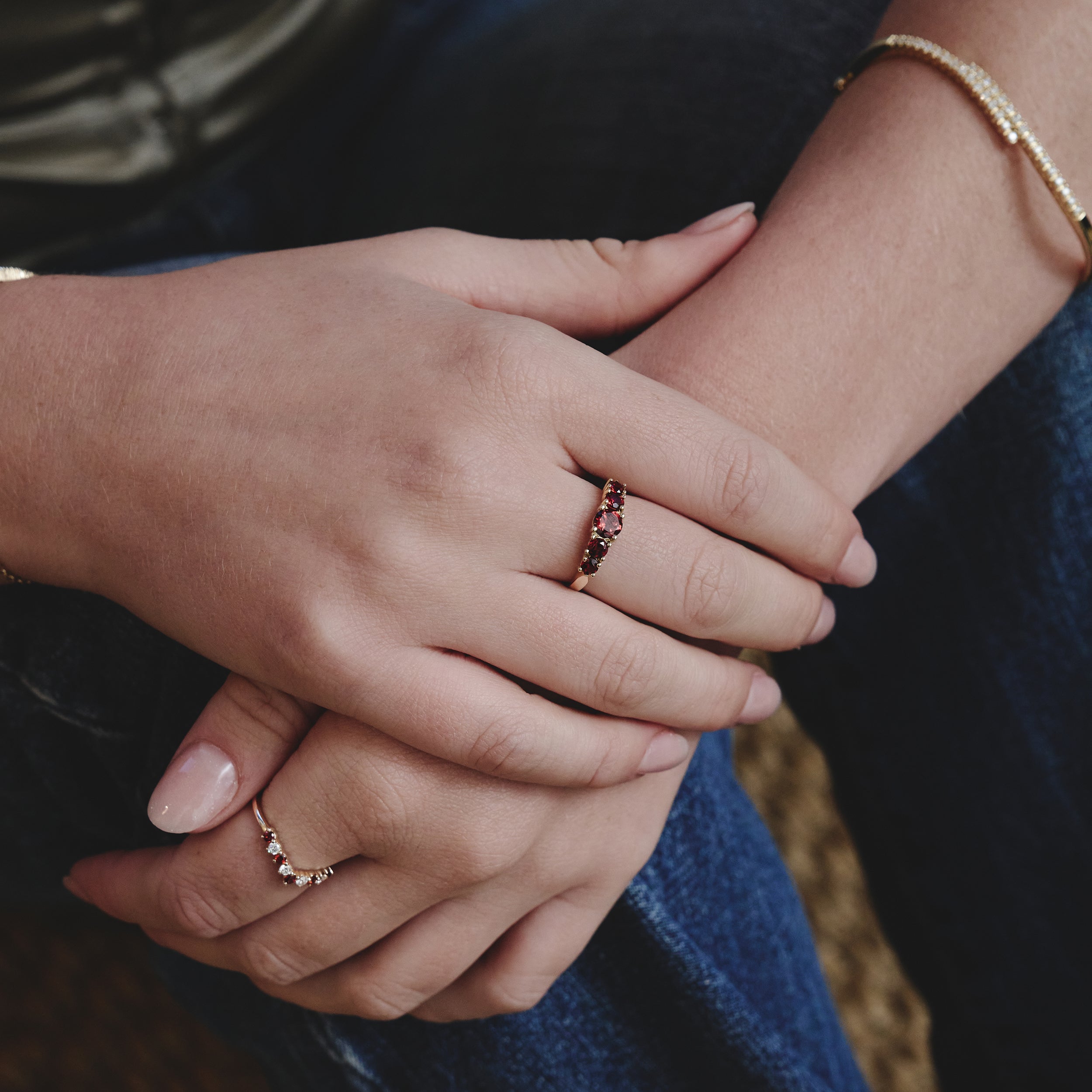 Garnet and Lab Diamond Wishbone Ring in 9K Yellow Gold